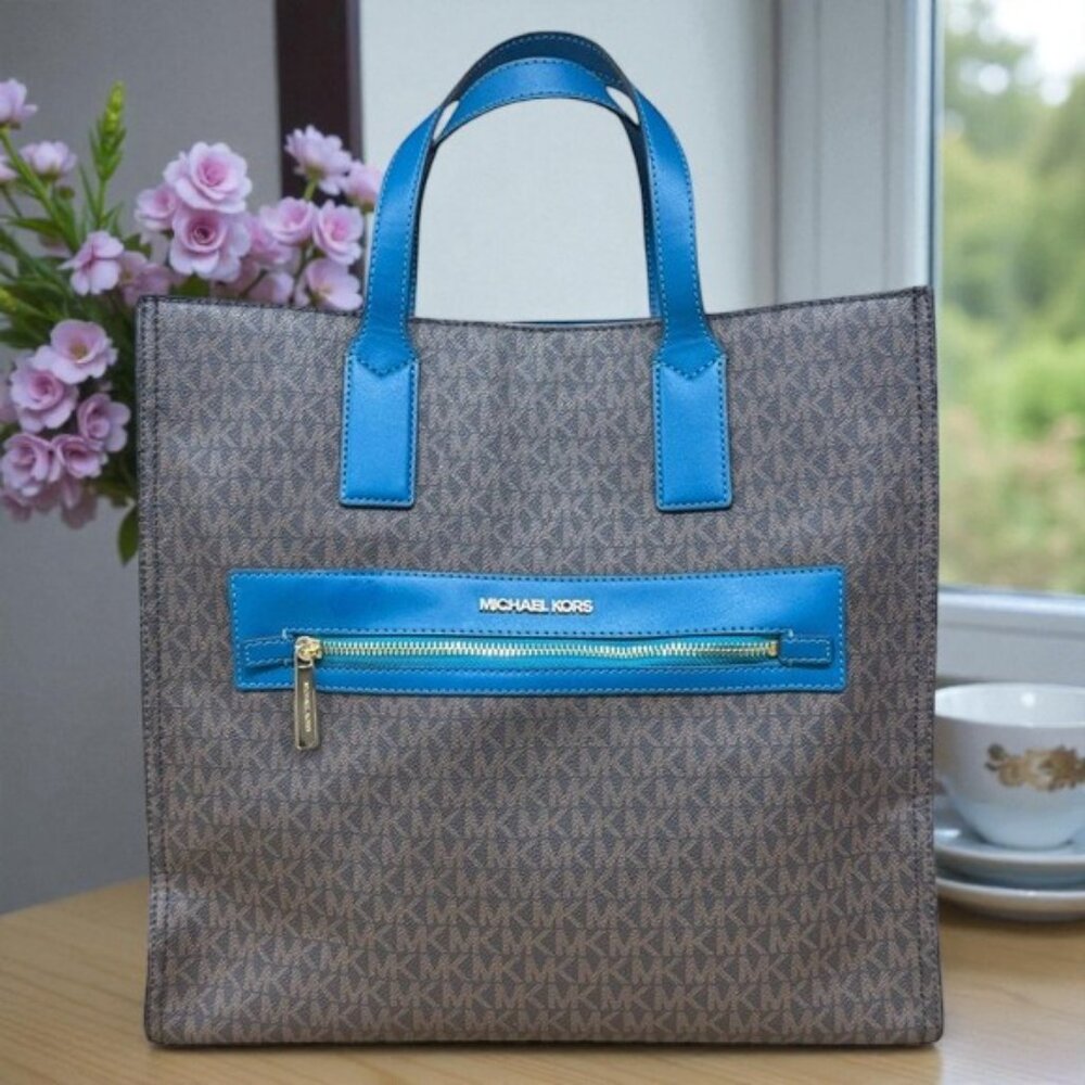 Michael Kors Kenly Brown Blue Lagoon MK Signature Large Tote Shoulder Bag Purse - Picture 2 of 14